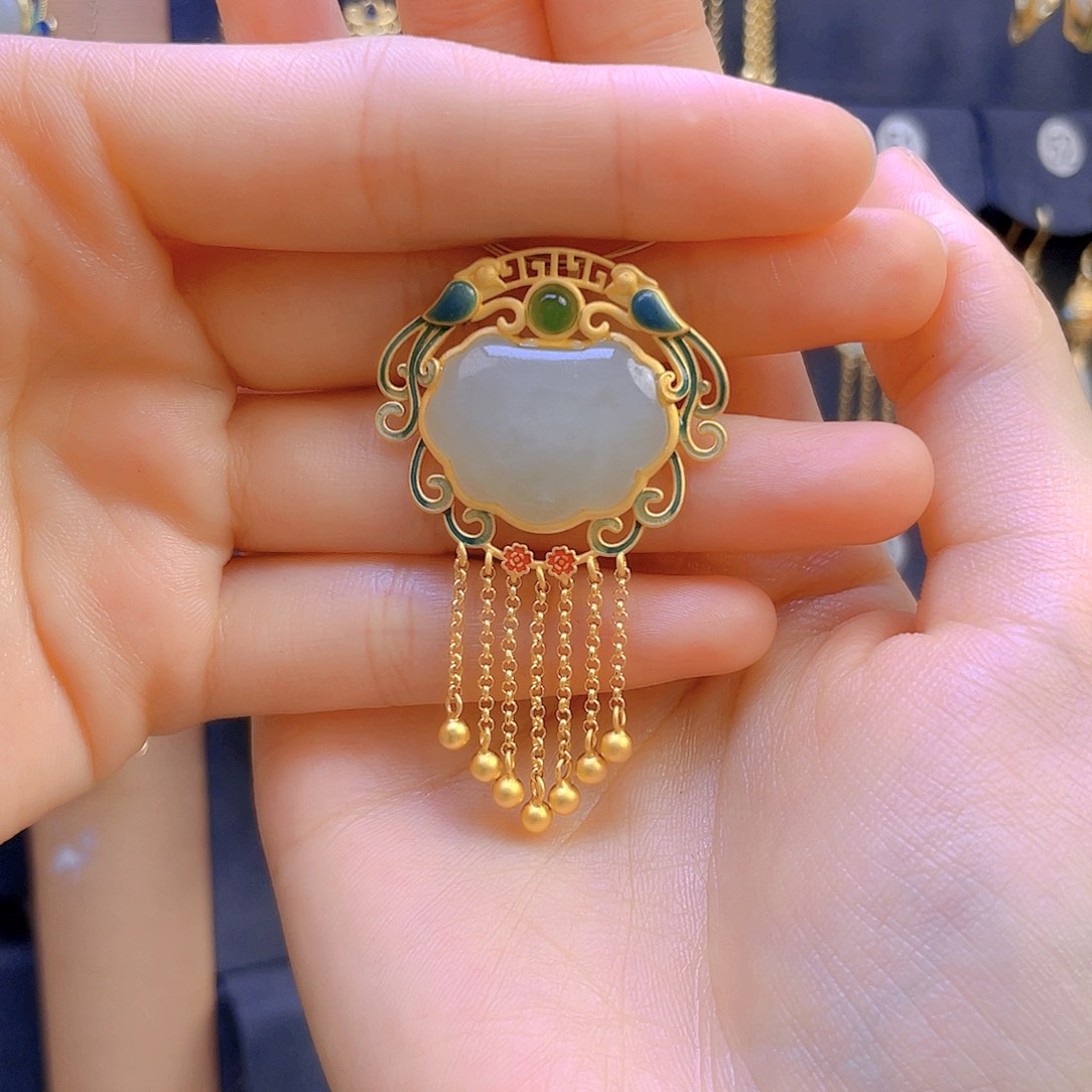 和田玉颈饰银S925镀金镶嵌