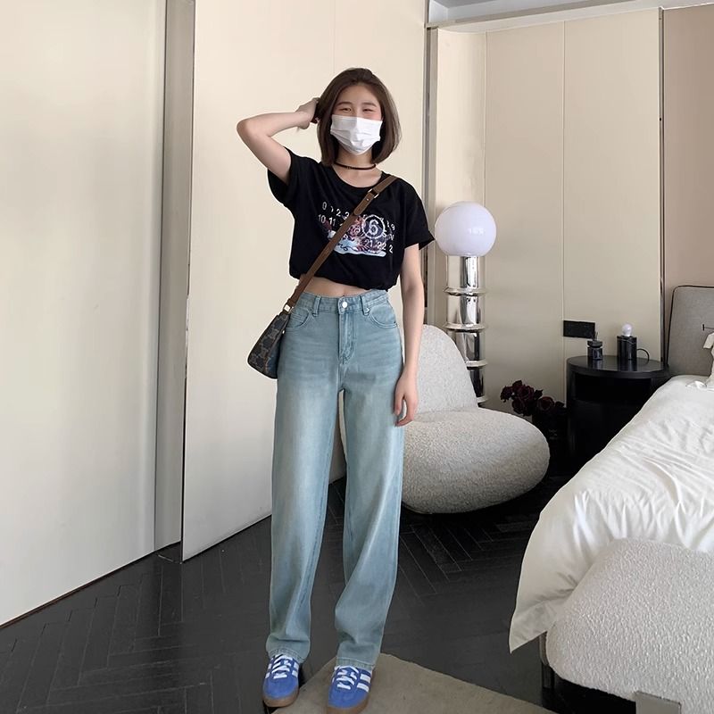 【微瑕】浅色加绒窄版直筒牛仔裤女秋冬小众高腰韩版显瘦阔腿裤子