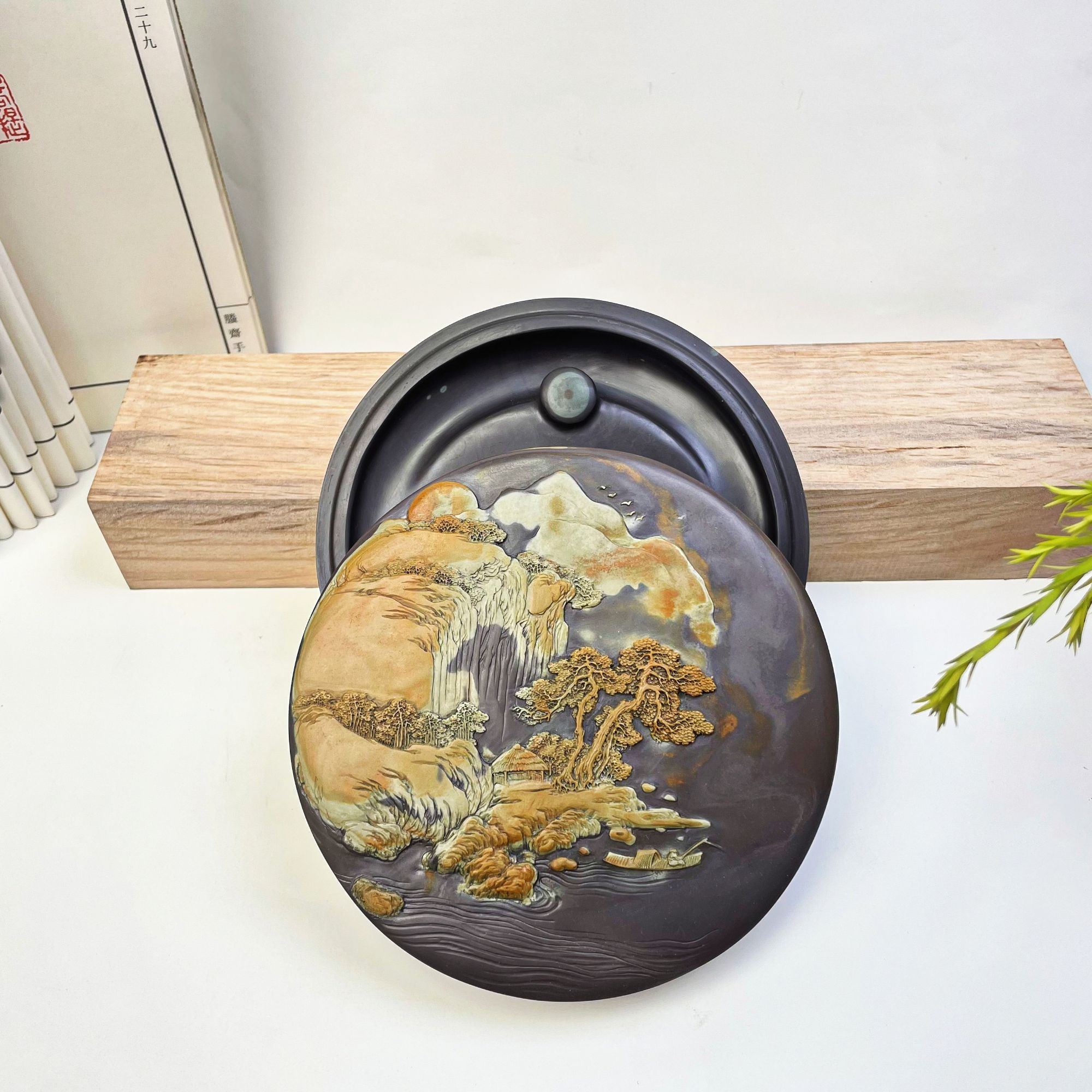 中国彩砚攀枝花苴却砚台纯天然石色盖砚《溪山暮韵砚》纯手工雕刻