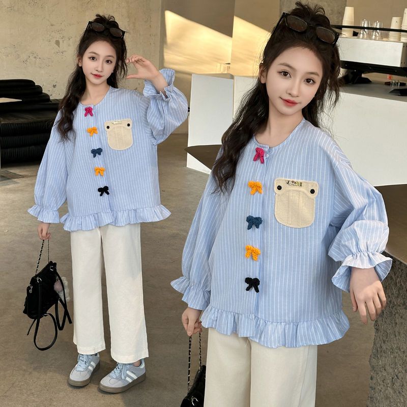 2025款女中大春秋新款时尚韩版长袖衬衫无领甜美条纹上衣