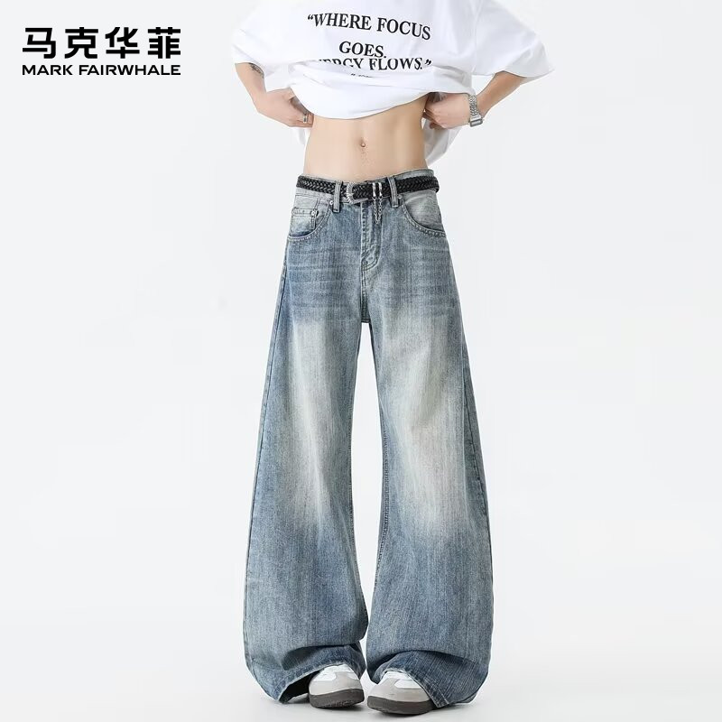 马克华菲秋季美式竹节纹牛仔裤弯刀宽松直筒复古高腰显瘦男女同款