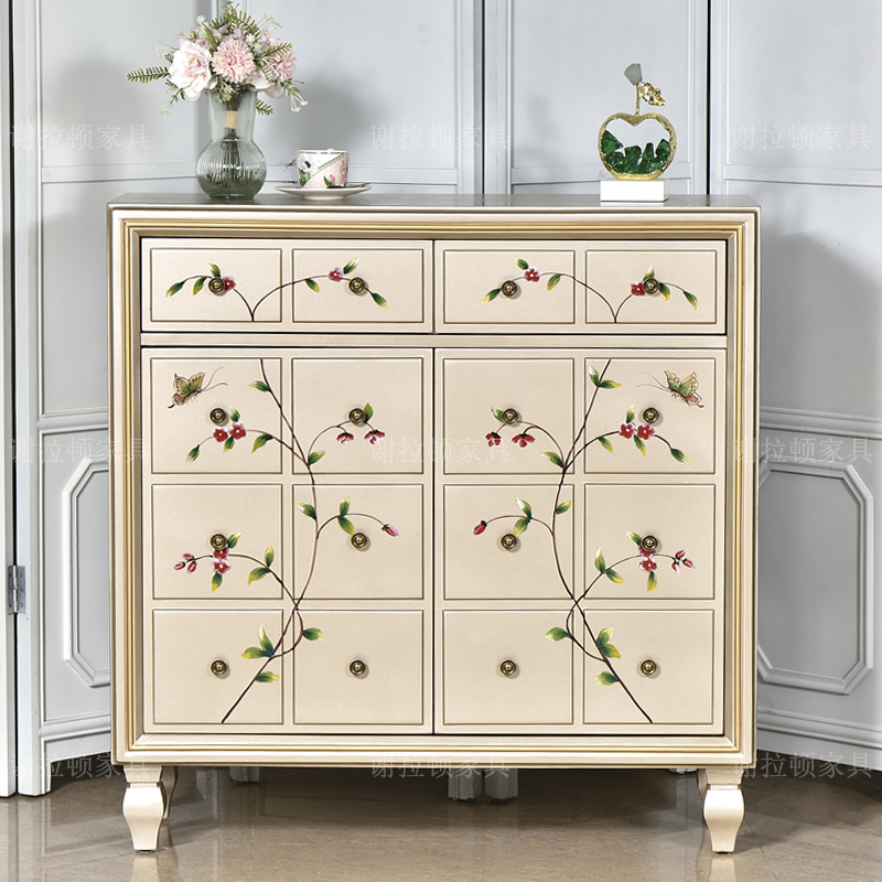 美式轻奢鞋柜家用入户玄关柜香槟色储物柜大容量收纳柜实木边柜