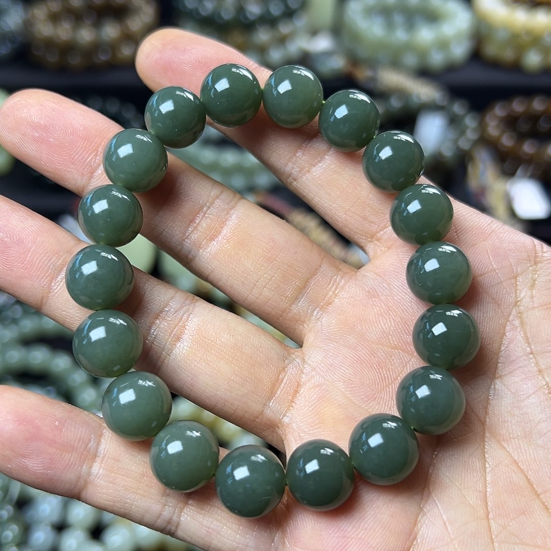 和田玉手链未镶嵌且末蓝卡12圆珠 油润