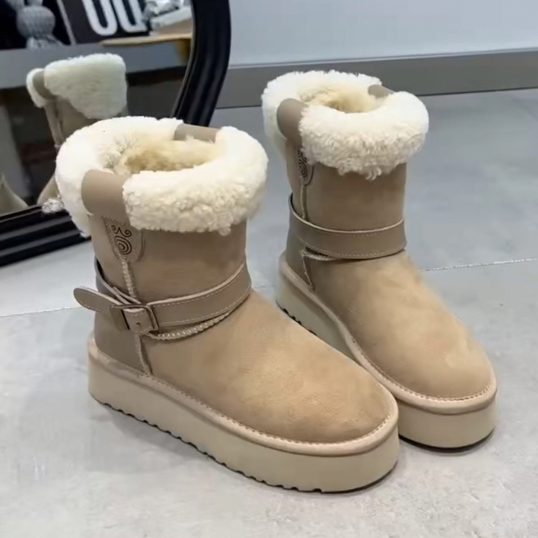 冬季保暖加绒厚底防滑女款中筒皮毛一体雪地靴时尚百