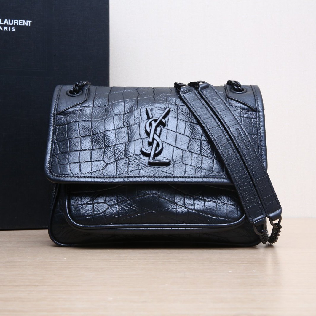 95新 YSL/圣罗兰 【黑黑】Niki Mini 21 鳄鱼压纹 黑色