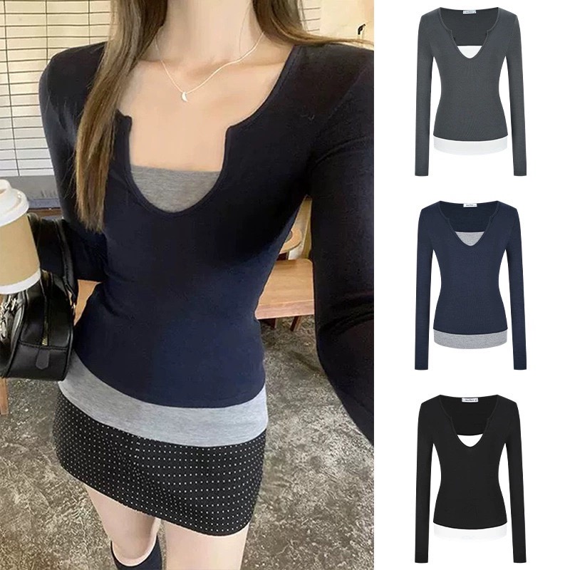 美式假两件长袖T恤女2025秋新款纯欲辣妹修身百搭上衣