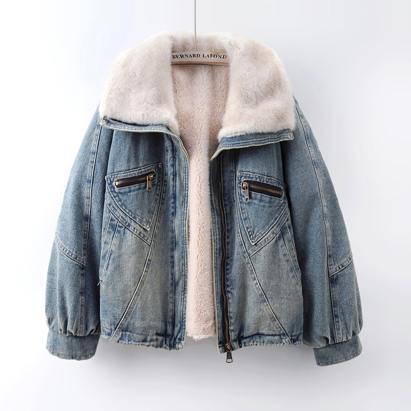 2025冬季新款大翻领一体绒加绒加厚牛仔外套女宽松机车夹克派克服