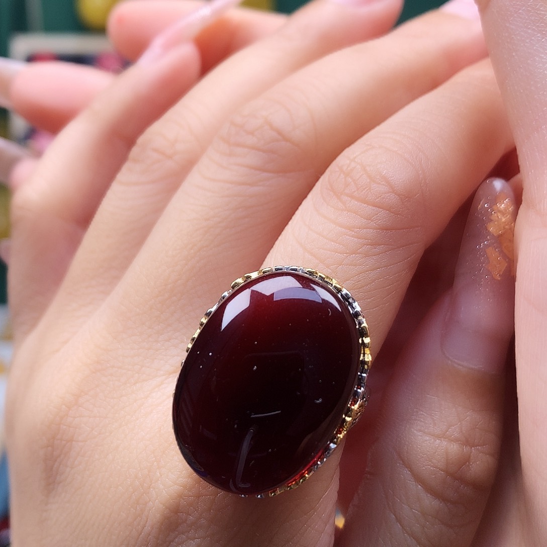 血珀银S925镀金镶嵌戒指戒指