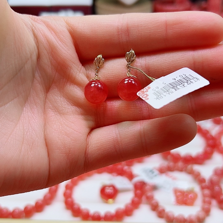 菱锰矿（红纹石）耳坠18K金镶嵌