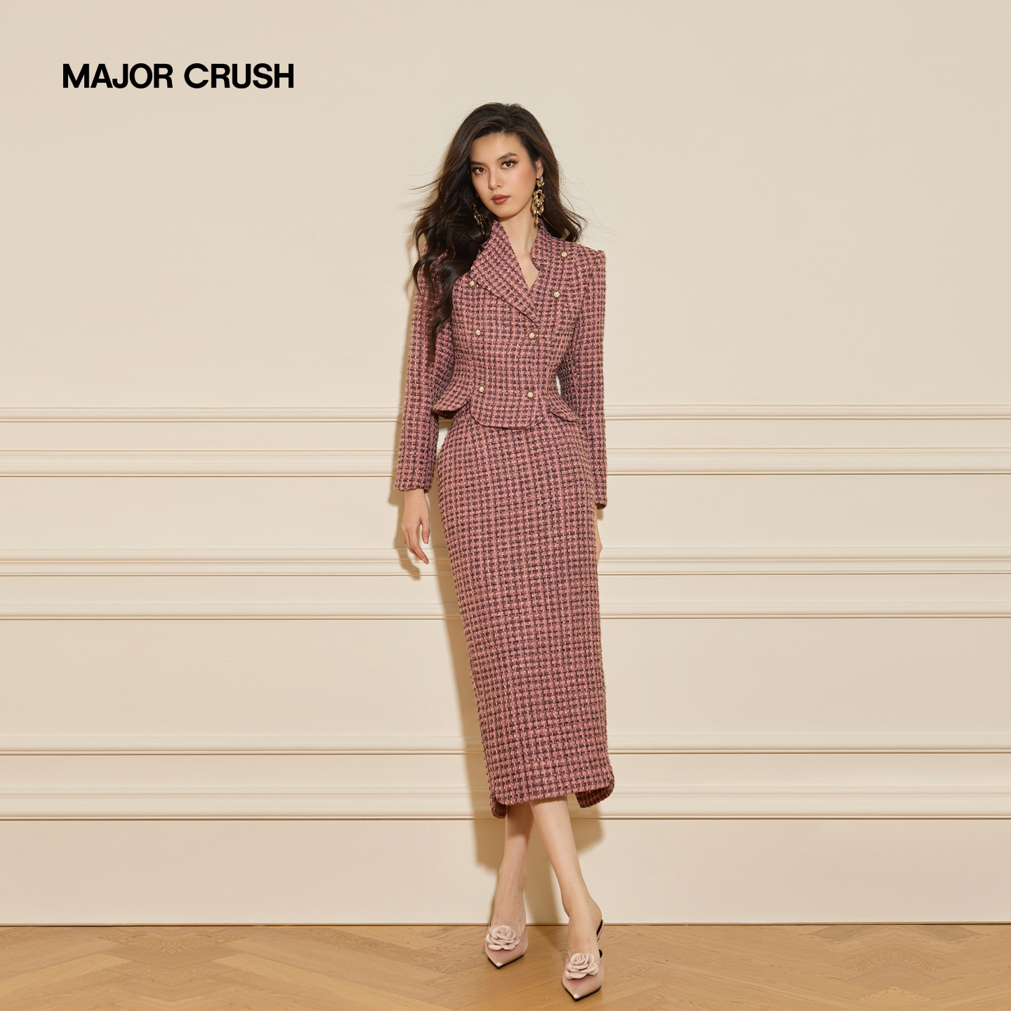 MAJOR CRUSH冬季新款玫瑰自白诗小香风套装修身粗花呢套裙63369