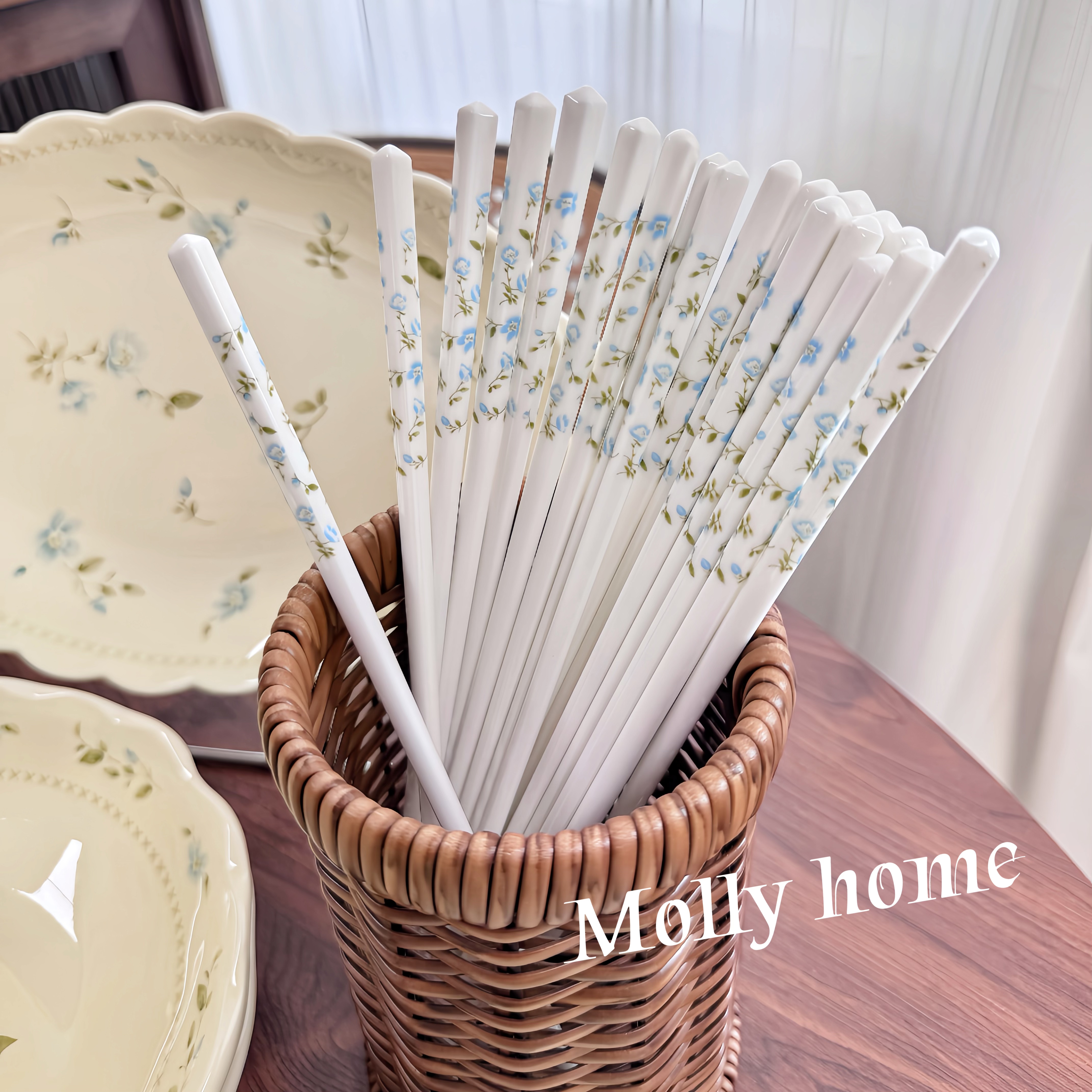 蓝铃花陶瓷筷子10双装家用防滑防霉防潮耐高温易清洗