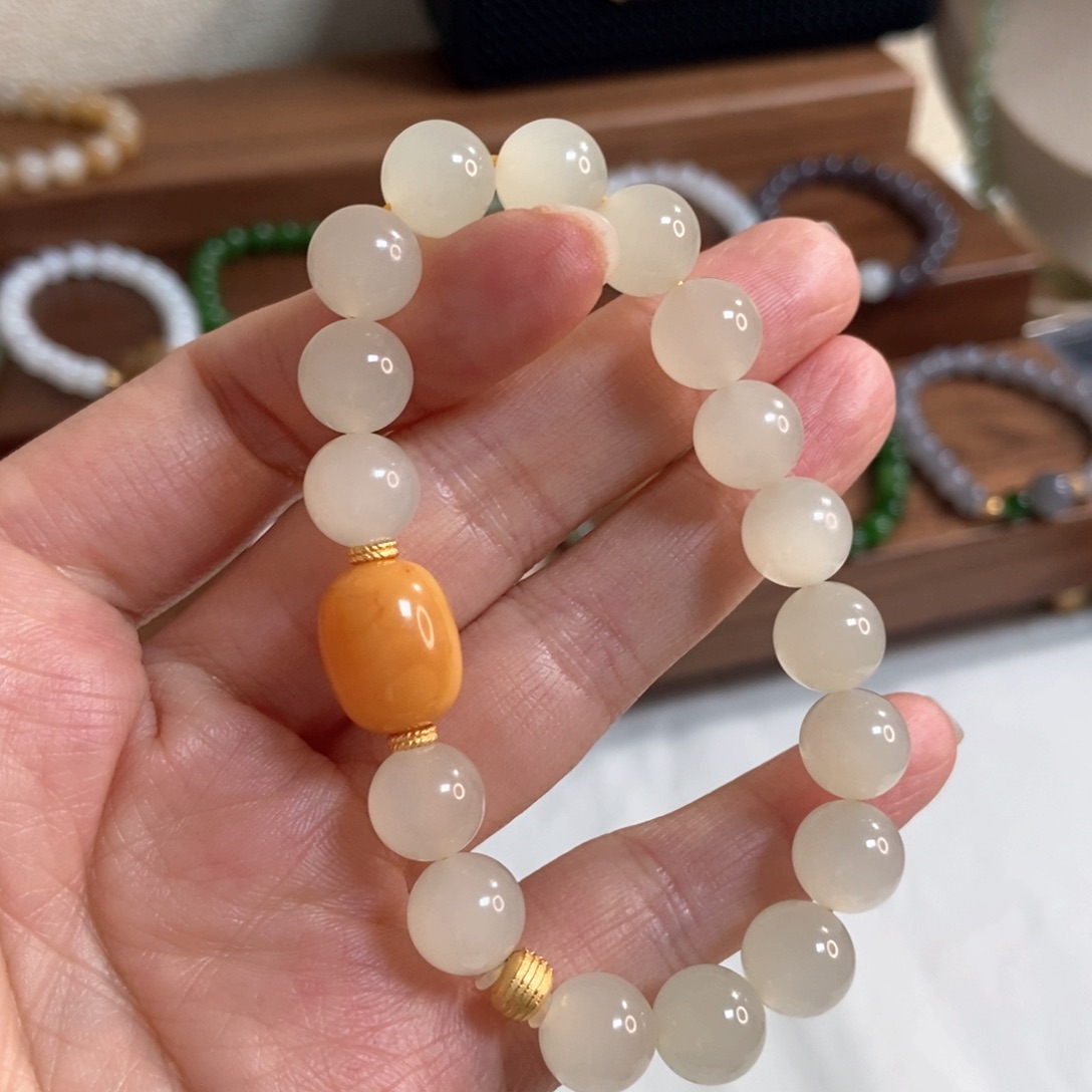 和田玉手链银S925镶嵌蜂蜜水10mm冰底微猫