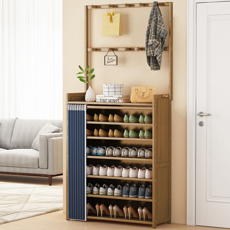 新疆包邮热卖鞋柜挂衣架一体鞋架置物架竹制双排挂钩带布帘防