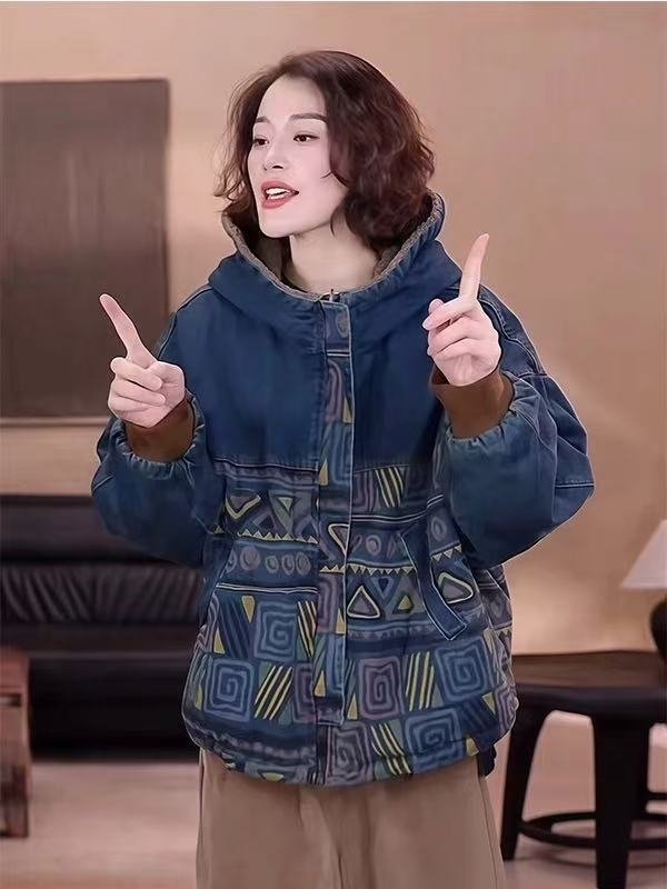 常规款牛仔拼接字母保暖连帽棉服棉衣女装双面穿冬季加厚外套
