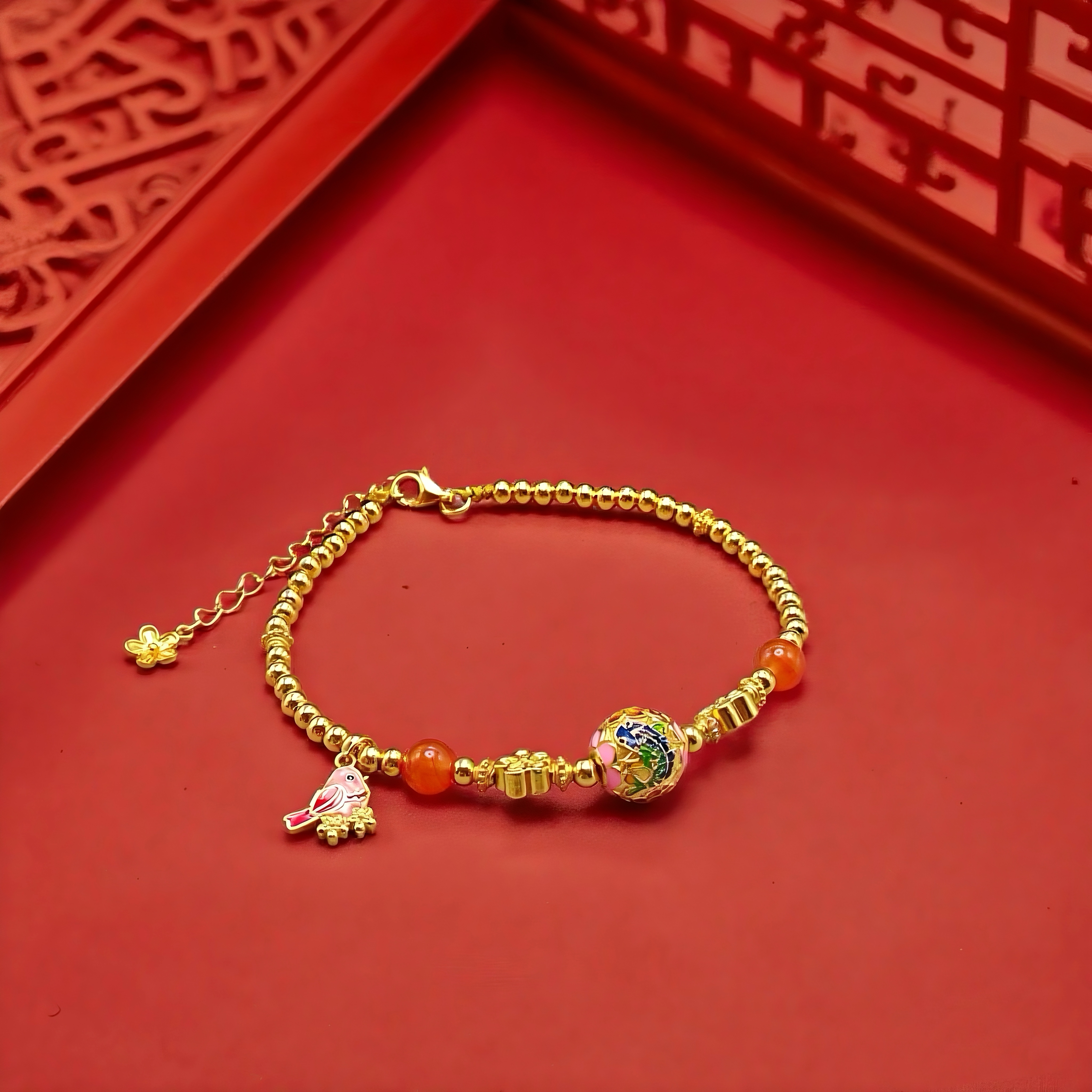 【佰万银庄】银925银镀金天南南红喜鹊登梅珐琅圆珠手链