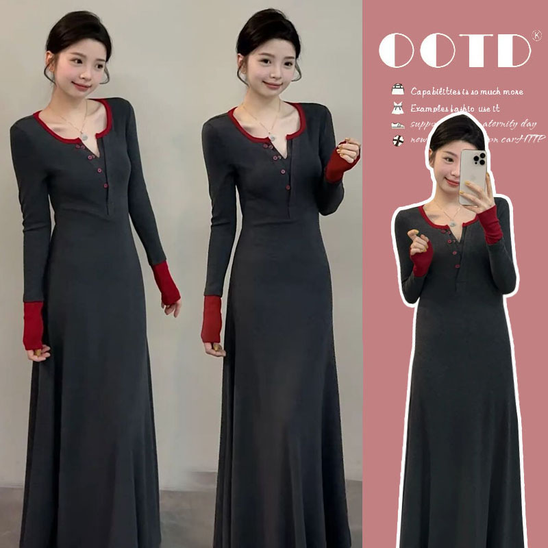 孕妇连衣裙新款撞色拼接气质打底裙修身显瘦法式过膝长款秋冬长裙