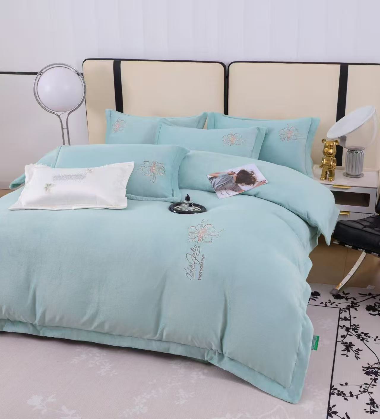 牛奶绒四件套加厚保暖绣花高档纯色冬季高克重全消光