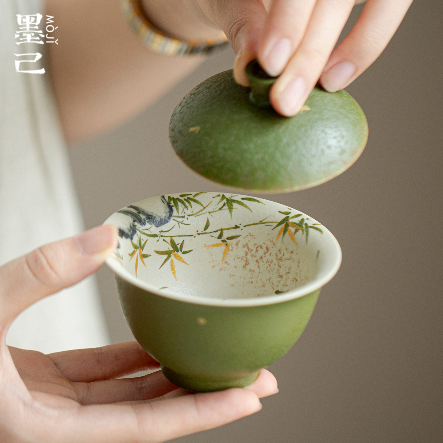 墨己小青柑手绘金竹仿古陶瓷盖碗功夫茶具家用泡茶碗文人竹子盖碗