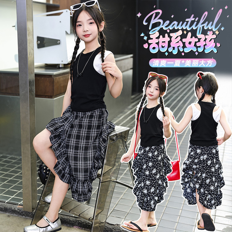 夏季女童格子韩版2025薄款碎花裙套头背心套装半身裙裙子中大童