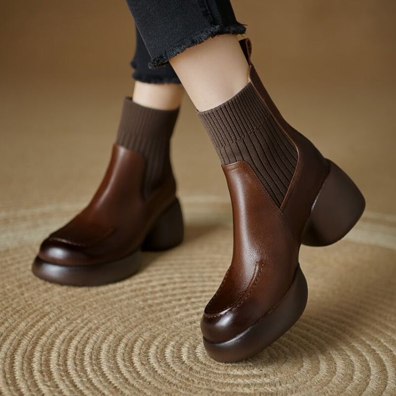 小个子增高厚底马丁靴女2025秋冬新款粗跟圆头针织弹力瘦瘦靴H617