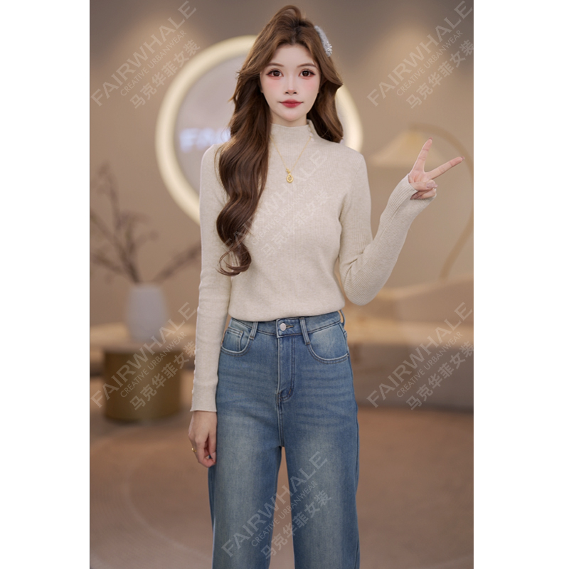 马克华菲女装秋冬纯色半高领休闲简约百搭针织衫 F54004A503 X