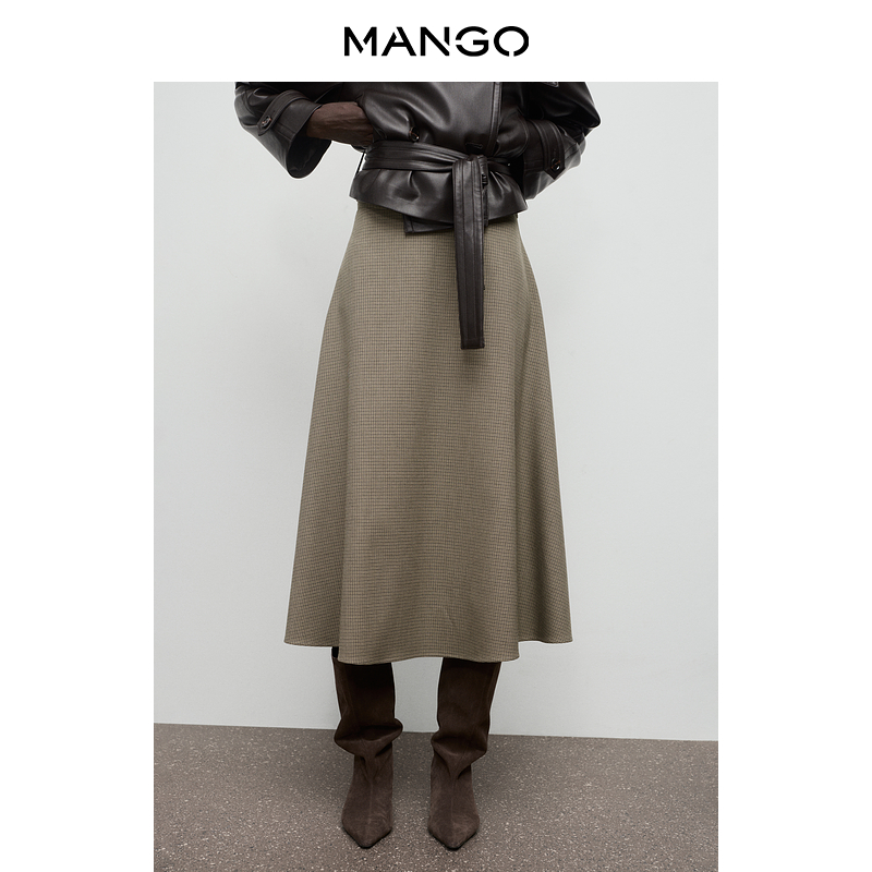 MANGO女装半身裙2025秋装新款时尚高腰千鸟格羊毛混纺A字半身裙