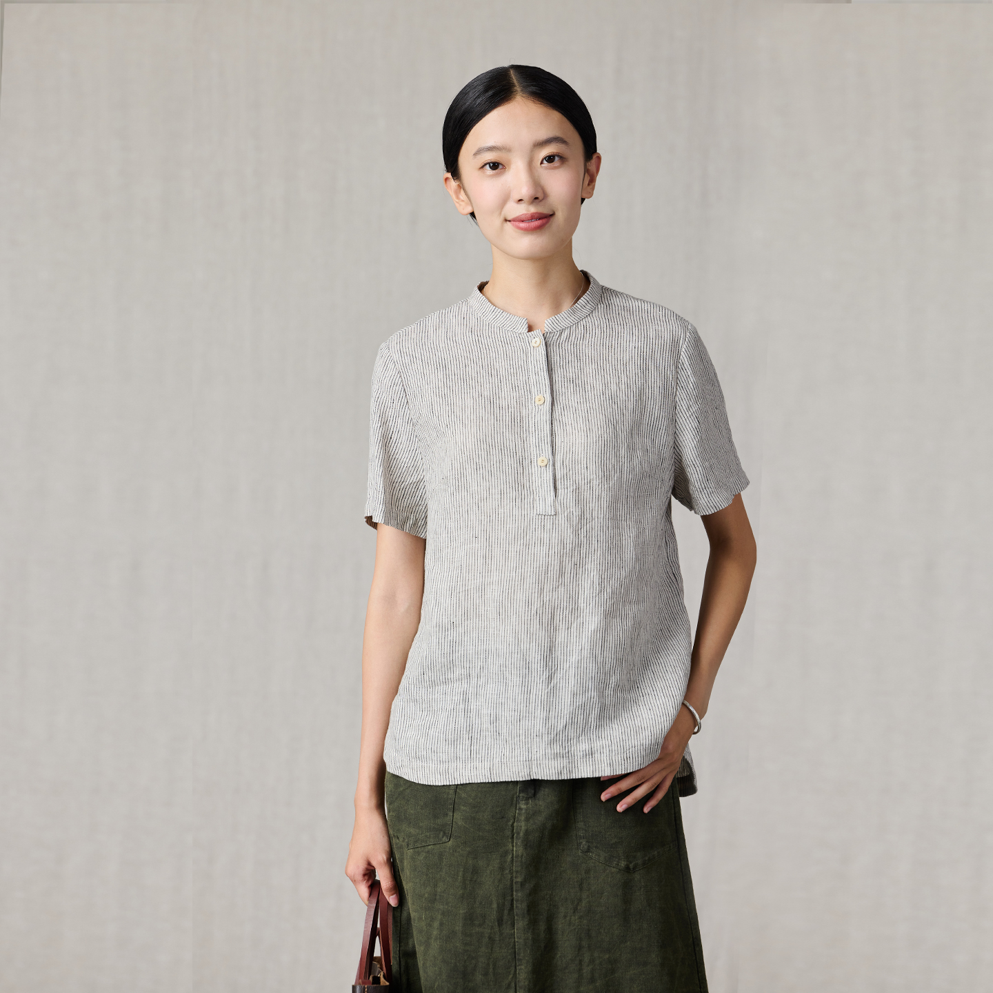 Q.TU比利时进口亚麻衬衫女色织细条纹4601休闲通勤夏新款短袖上衣