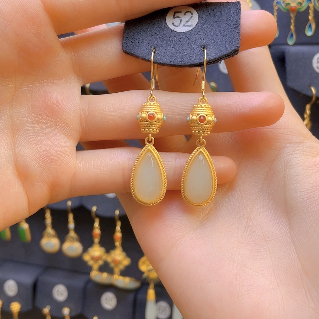 和田玉耳饰银S925镀金镶嵌