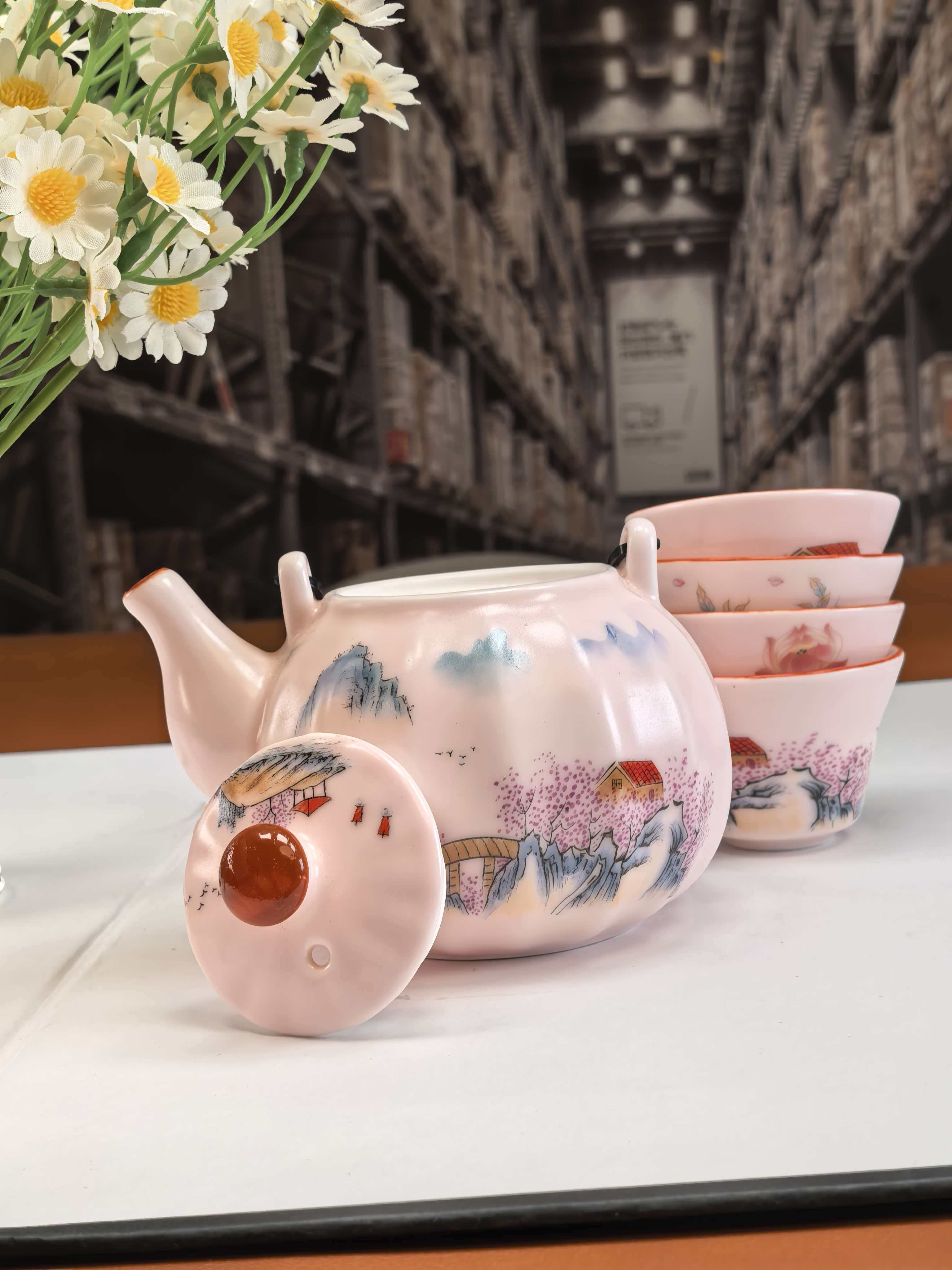 Z3018粉汝南瓜小提梁壶【山水】+4杯
