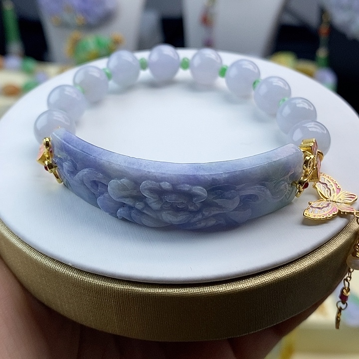 翡翠手链未镶嵌紫翡雕刻牡丹花手牌手串