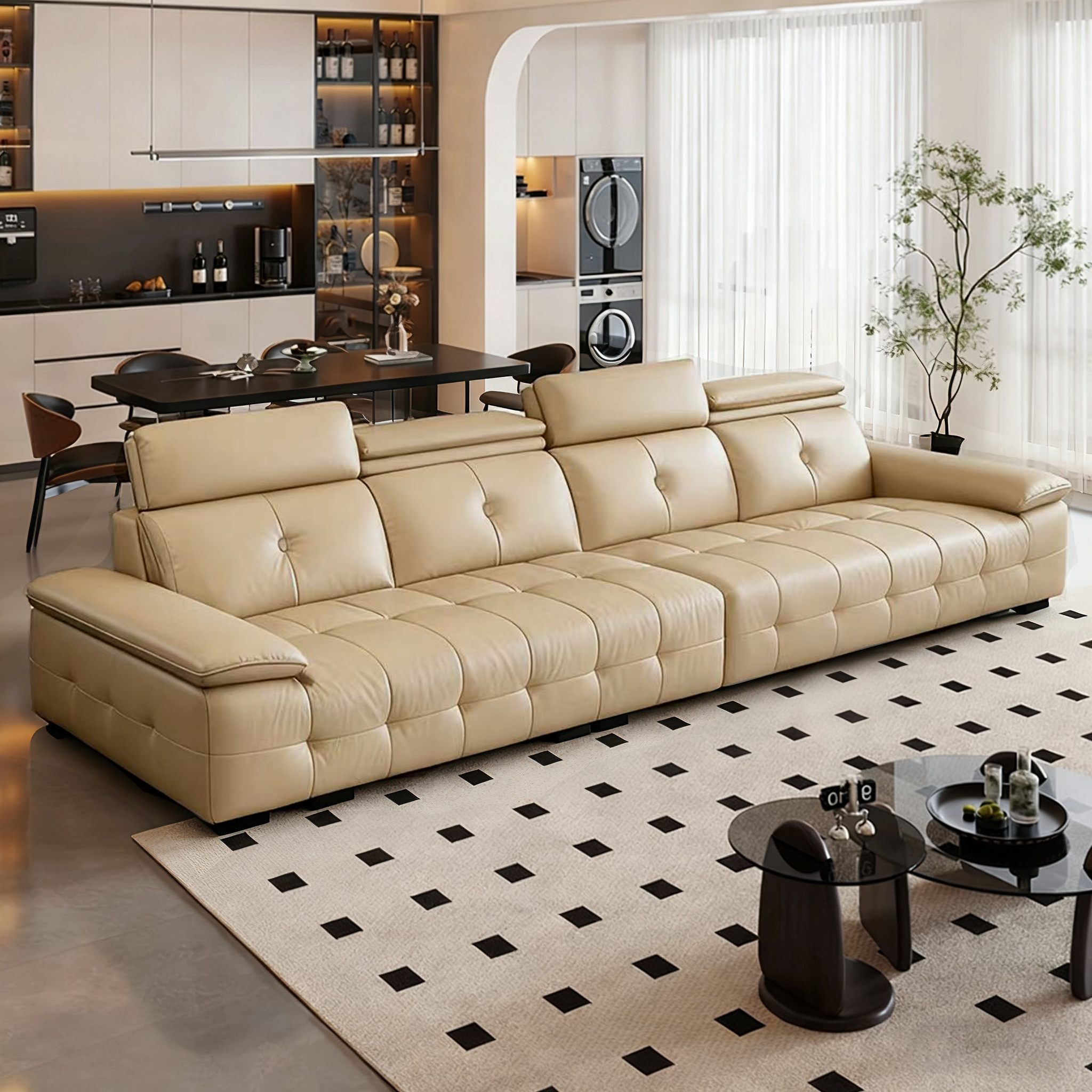 高靠背劳伦斯沙发现代简约客厅直排真皮沙发现代轻奢意式极简沙发