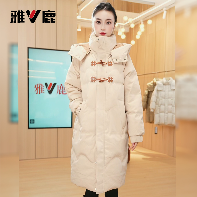 雅鹿正品加厚中长款羽绒服女2025新款休闲可拆卸帽廓形鸭绒外套