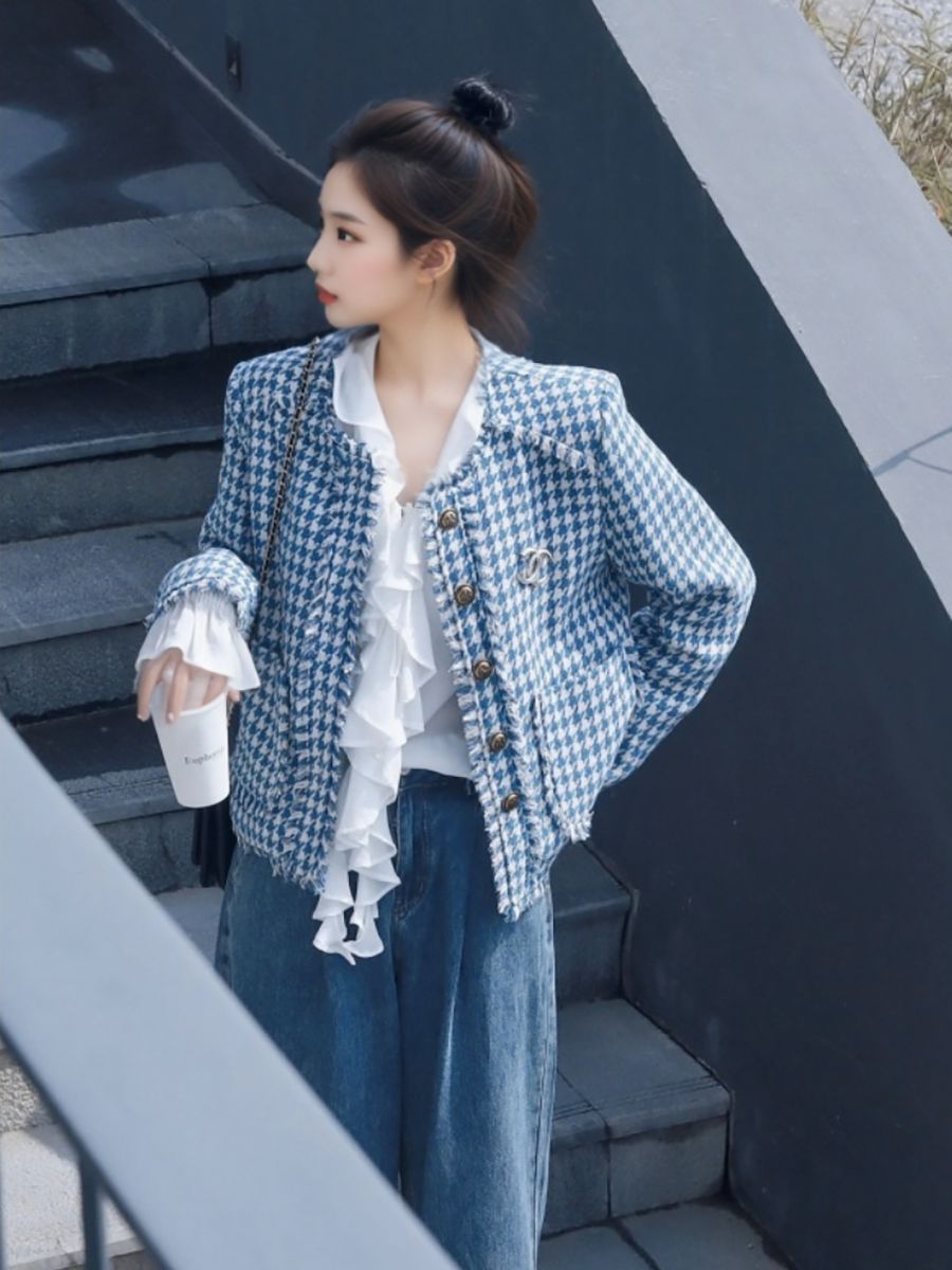 小香风外套女2024新款春秋款小个子复古港风小众高级感千鸟格上衣