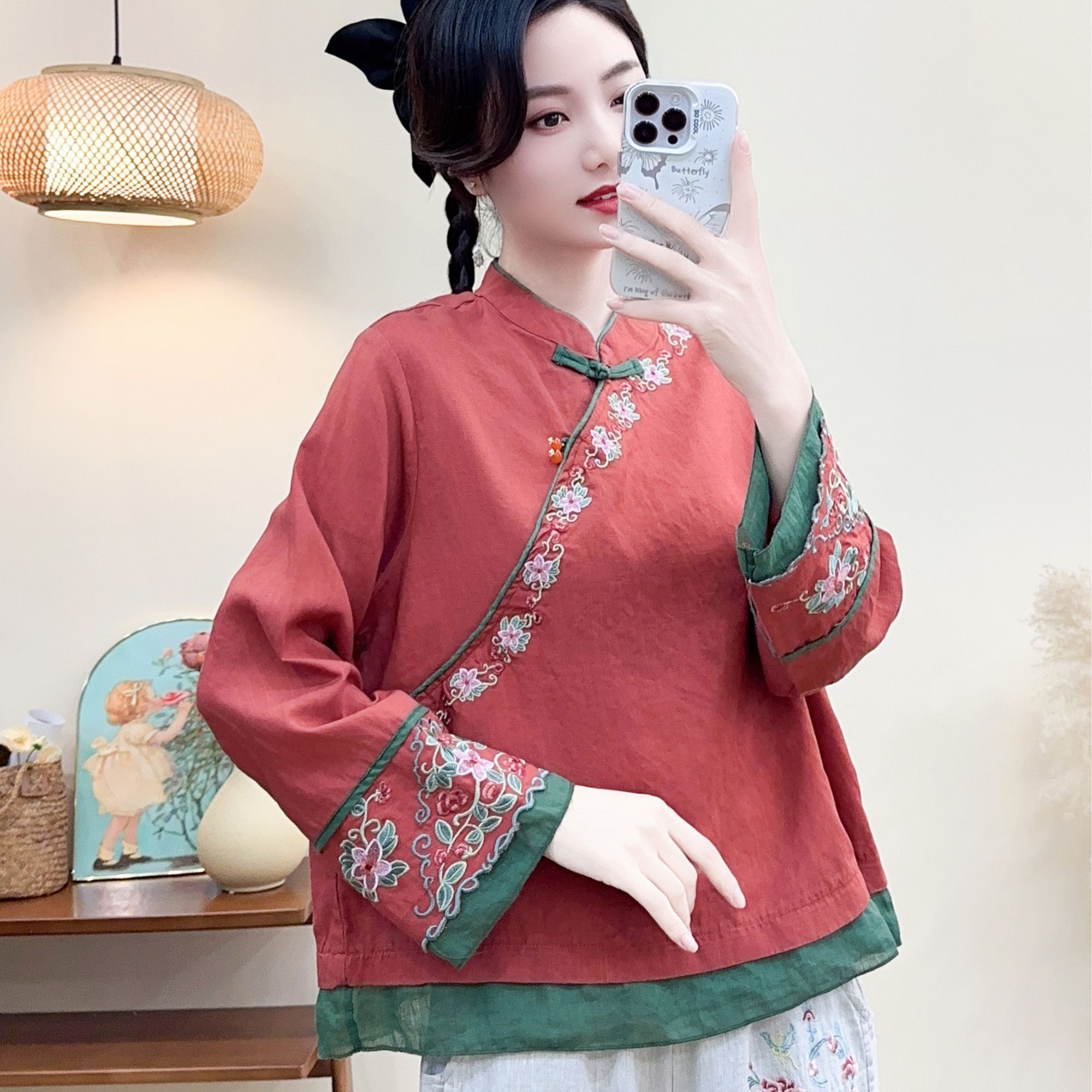 朵兹源2025春新款国风纯亚麻袖口花卉刺绣勾花苎麻宽松立领上衣女