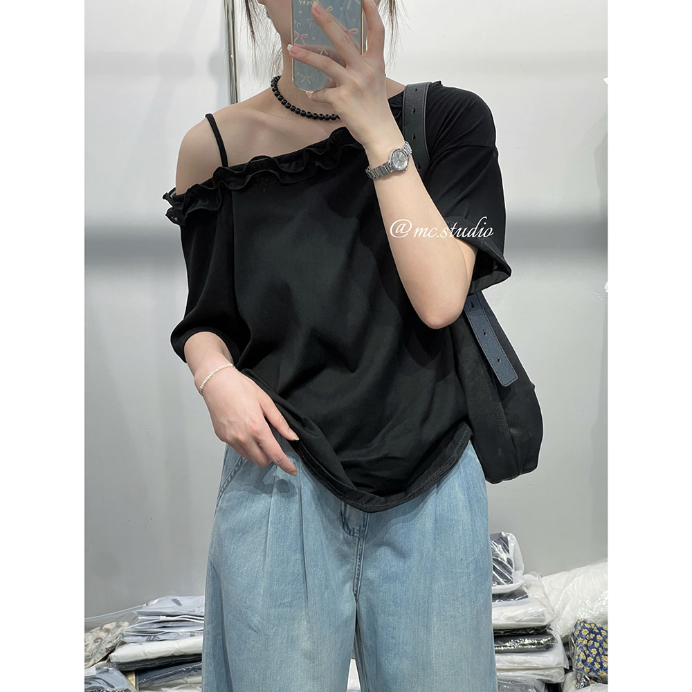 【显瘦黑斜肩T恤】欧洲站夏季升级版雪花棉短袖106058