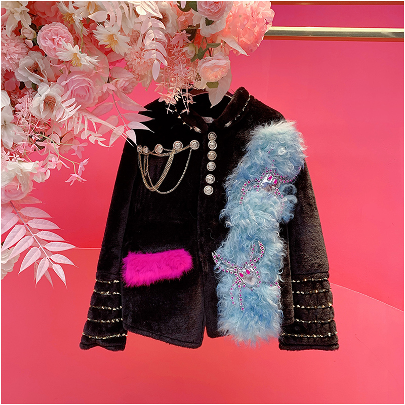 QD1726欧美设计师2025冬季新款重工钉钻链接拼接毛毛麂皮绒毛外套