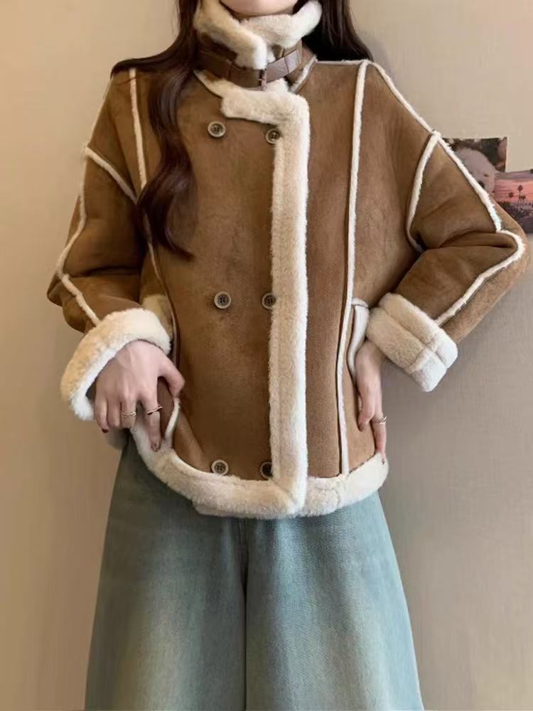 25年秋冬季宽松版皮毛一体时尚百搭短款机车服外套901