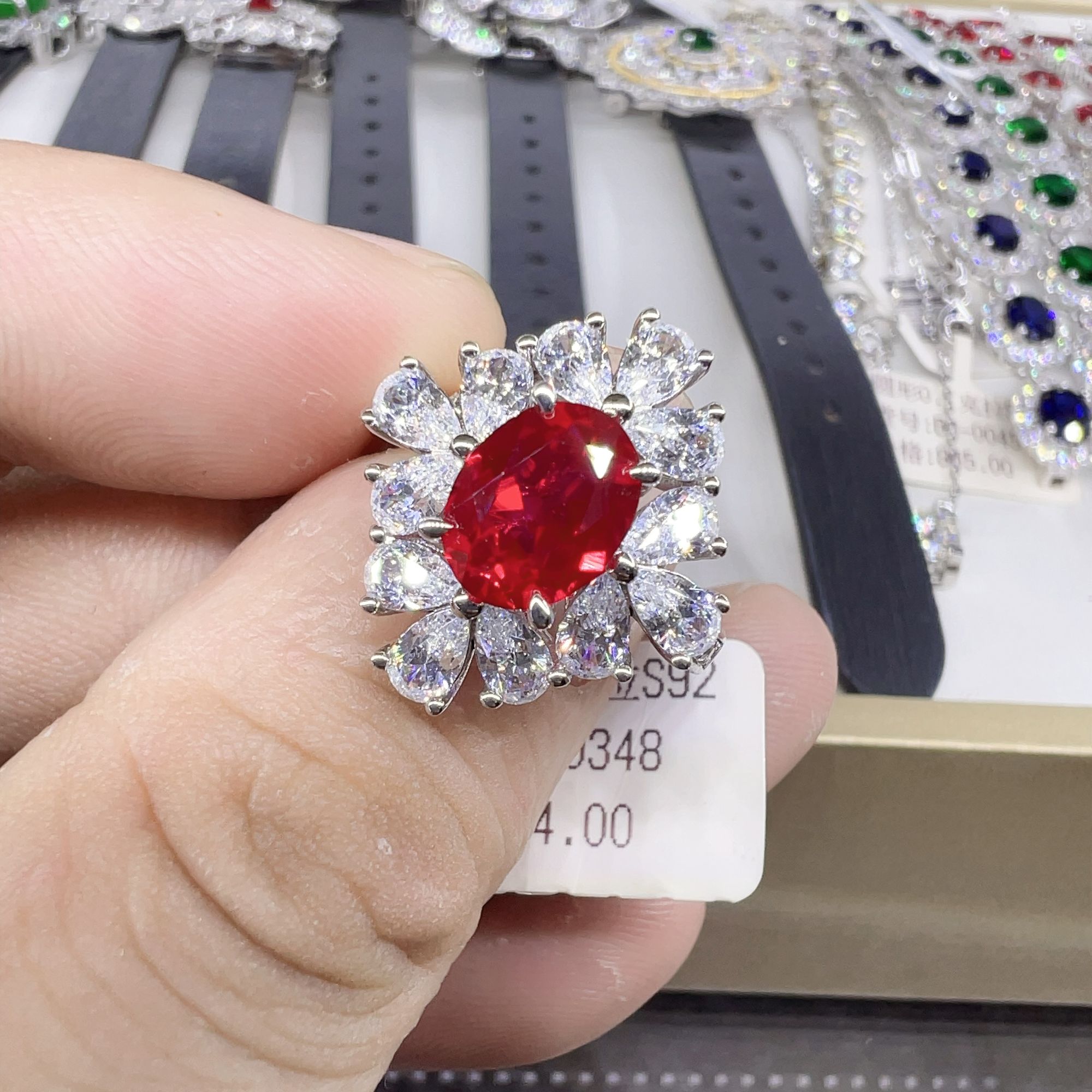 培育红宝石S925银镶嵌培育红宝戒指R3-0348