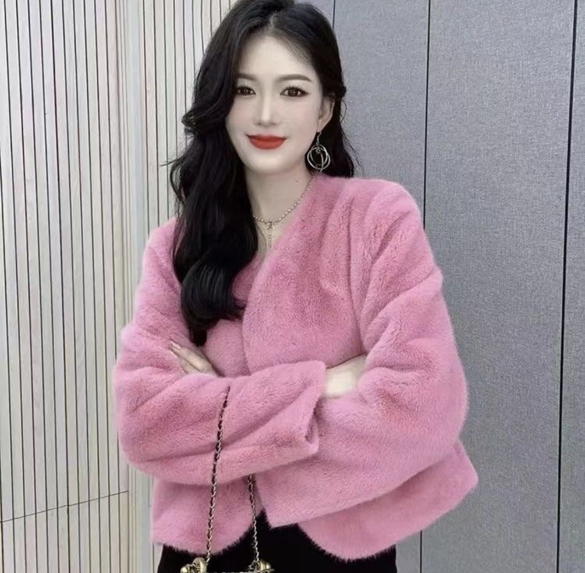 秋冬新款V领开衫外套毛毛短款上衣193