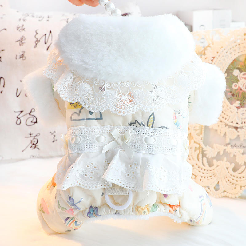 猫咪狗狗衣服秋冬装厚款四脚毛领蕾丝花边棉衣小型犬宠物公主年服