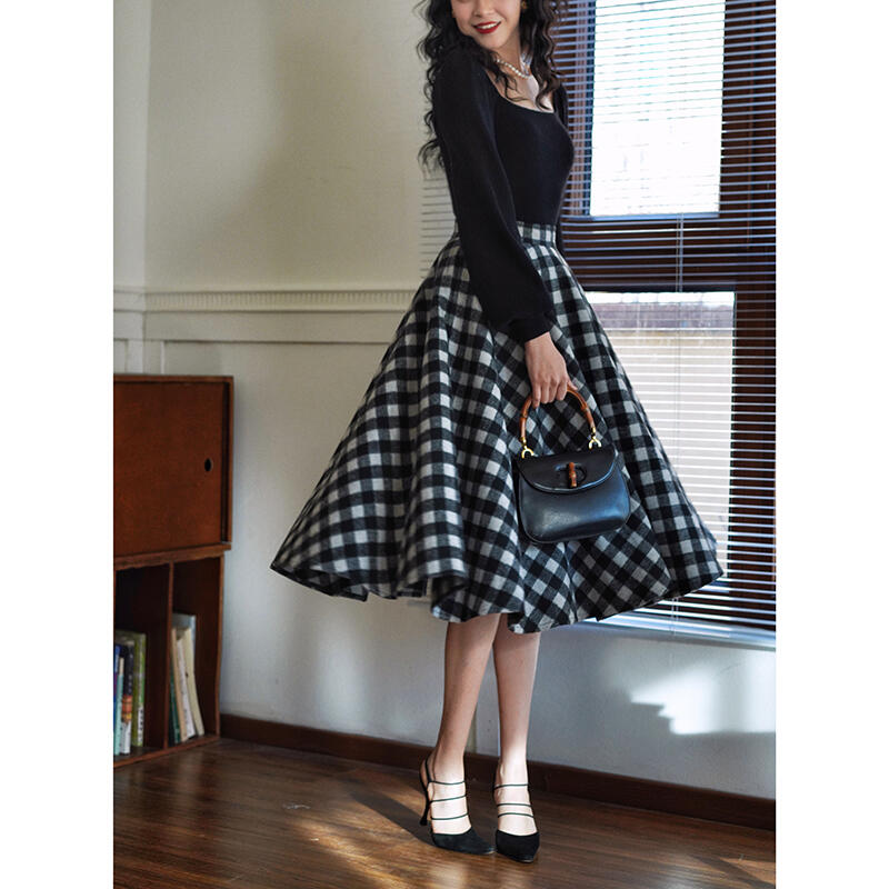 Chings经典高腰显瘦黑白格子毛呢半裙 赫本风度大摆裙太阳裙冬