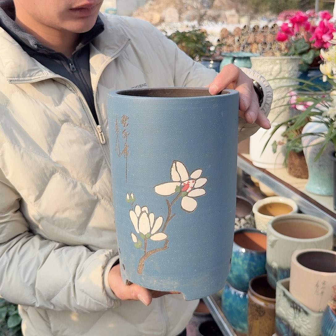紫砂花盆口16高25（一个玉兰花蓝色