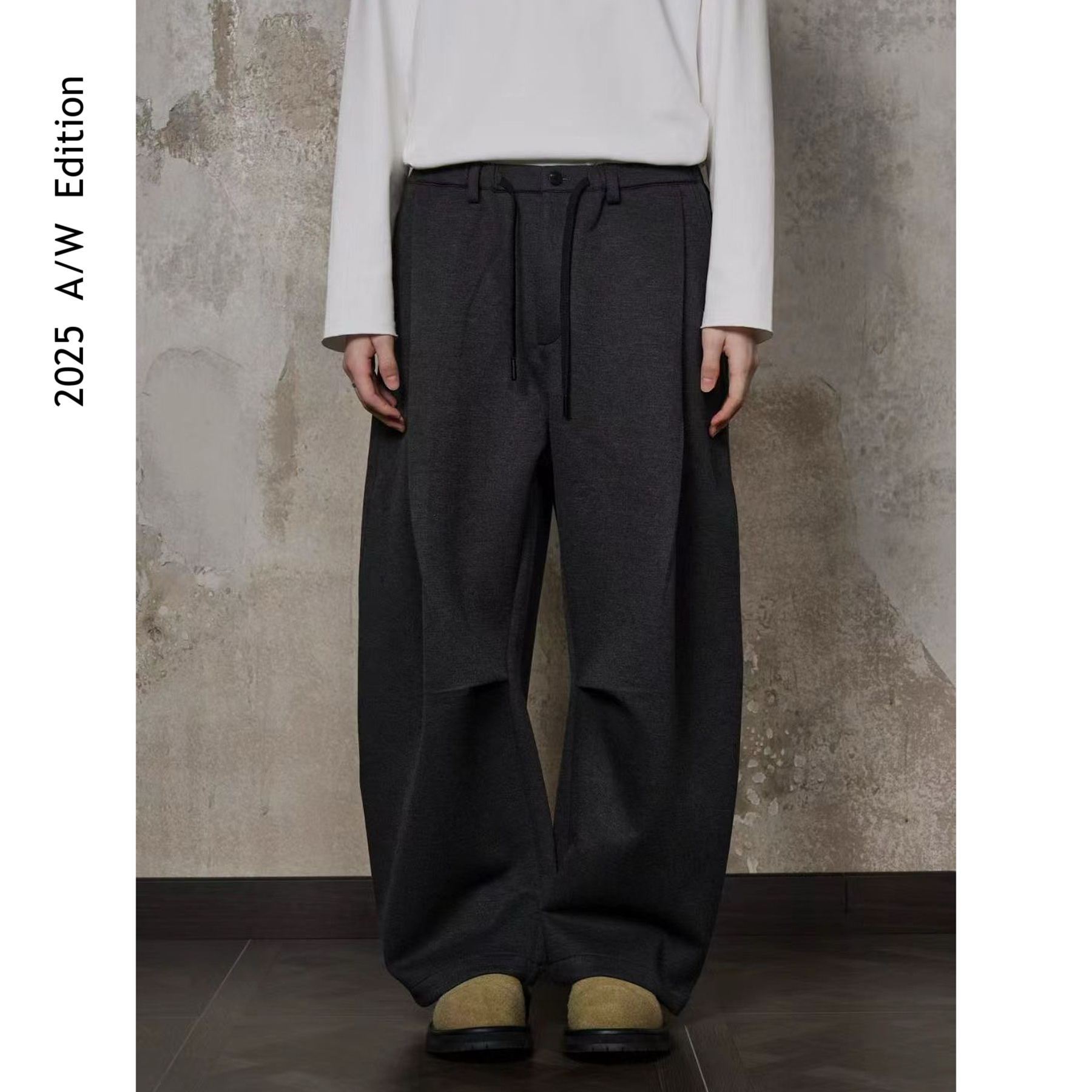 ARUI 2025 A/W 欧货高定棉羊毛压褶垂感阔腿宽松百搭弯刀休闲裤
