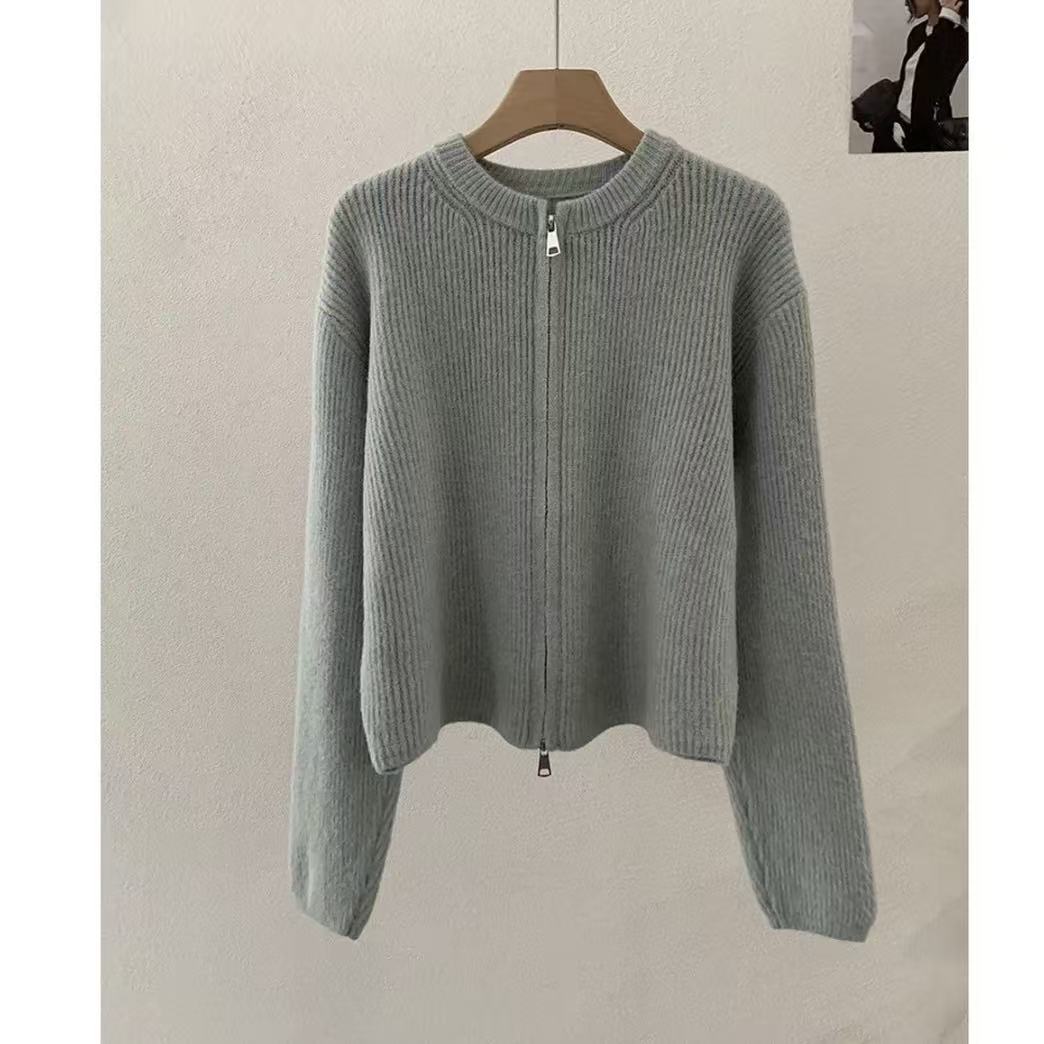 韩系圆领毛衣外套女秋冬新款纯色百搭拉链长袖软糯针织外套