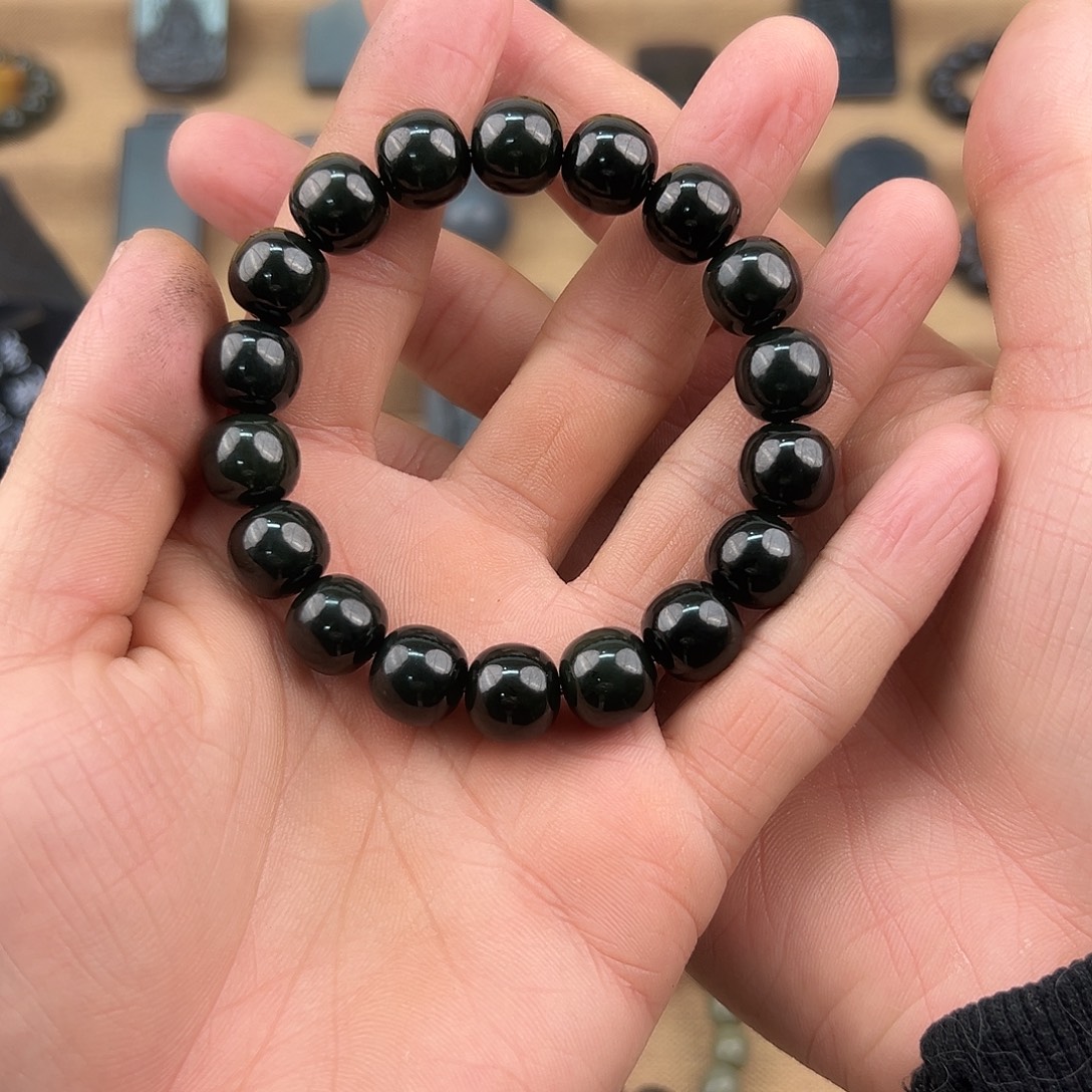 和田玉未镶嵌手串12老型黑青手串