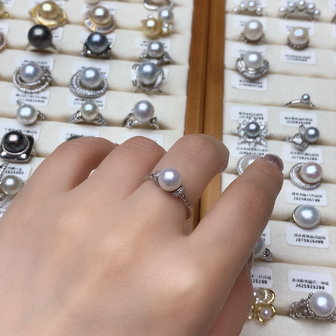 淡水珍珠戒指银S925镶嵌7-8mm简约百搭