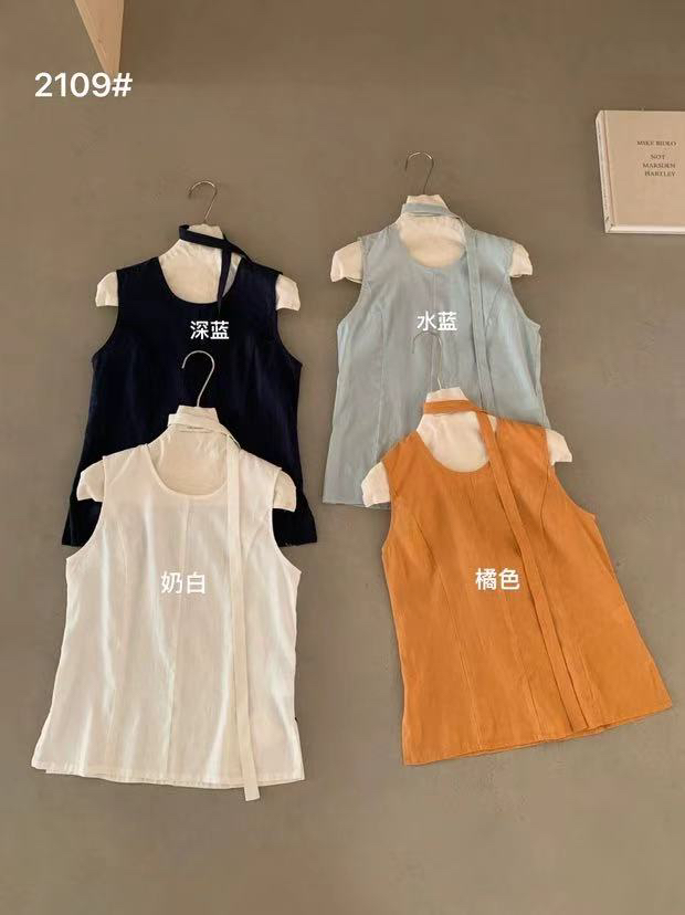 imiss@2109 韩系气质百搭圆领无袖背心小衫 配飘带（69亚麻）