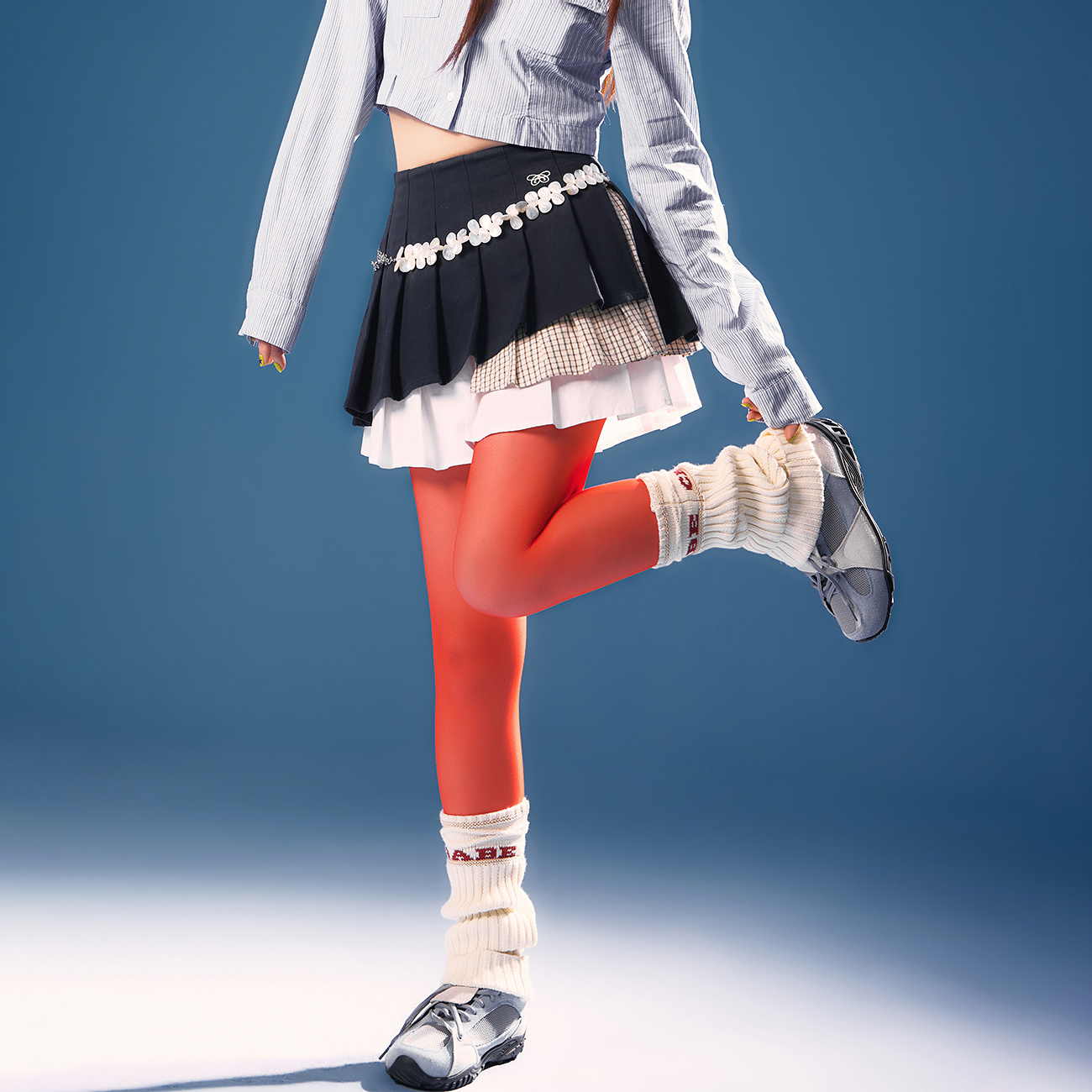 CHUU撞色百褶设计不规则拼接A字经典学院风显瘦半身裙GHPB006Z