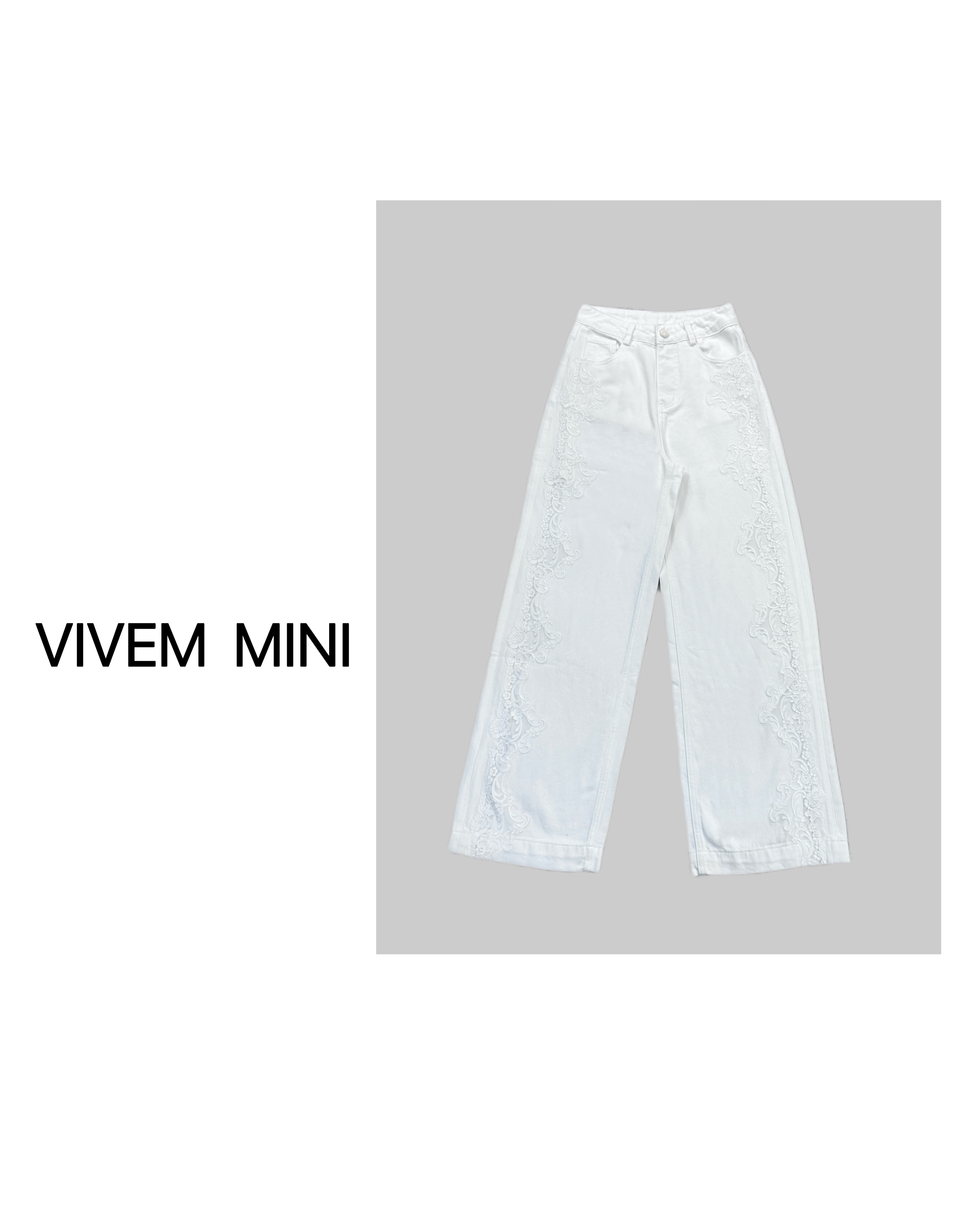 VIVIEN MINI【现货】轻奢百搭显瘦时尚韩版直筒纯白蕾丝刺绣牛仔裤