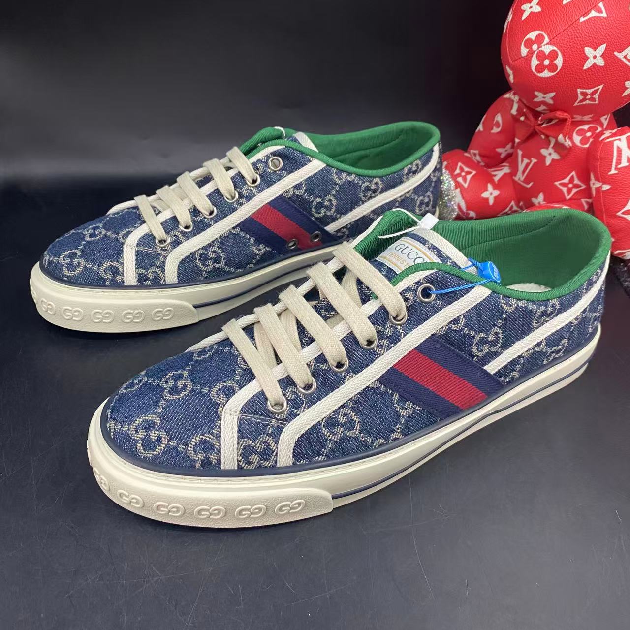 95新 GUCCI/古驰 水洗蓝老花帆布舒适1977休闲夏季板鞋kke430